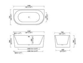 1500x750x580mm Back To Wall Freestanding Acrylic Apron White Bathtub - NZHomeware