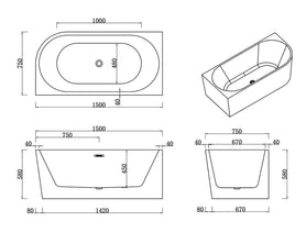 1400x720x580mm Corner Bathtub Left Corner Back to Wall Acrylic White Bathtub - NZHomeware