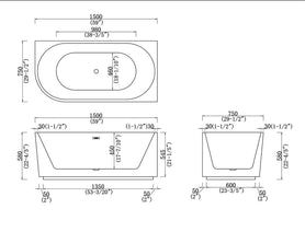 1500x750x580mm Flutted V - Groove Right Corner Bathtub Acrylic Gloss White - NZHomeware