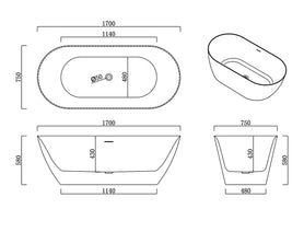 1700x750x580mm Matt White Oval Bathtub Freestanding Acrylic Apron Bathtub - NZHomeware