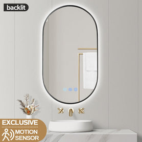 500x900mm Backlit Gunmetal Grey Frame Oval Led Mirror Oblong Racetrack Motion Sensor Auto On - NZHomeware