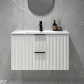 Billy 910x465x585mm Plywood Matt White Wall Hung Fluted Curve Vanity With Ceramic Top - NZHomeware