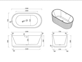 fluted freestanding bathtub white acrylic - 1500x750x580 V-Groove Freestanding Bath Tub NZHomeware