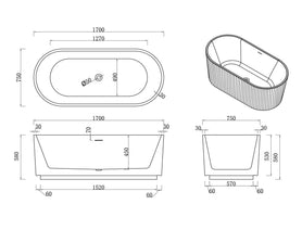 fluted freestanding white acrylic bathtub, 1500x750x580 V-Groove modern soaking bath tub for home bathroom NZHomeware