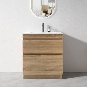 SLIM 600X360X860MM PLYWOOD FLOOR STANDING VANITY - LIGHT OAK WITH CERAMIC TOP - NZHomeware