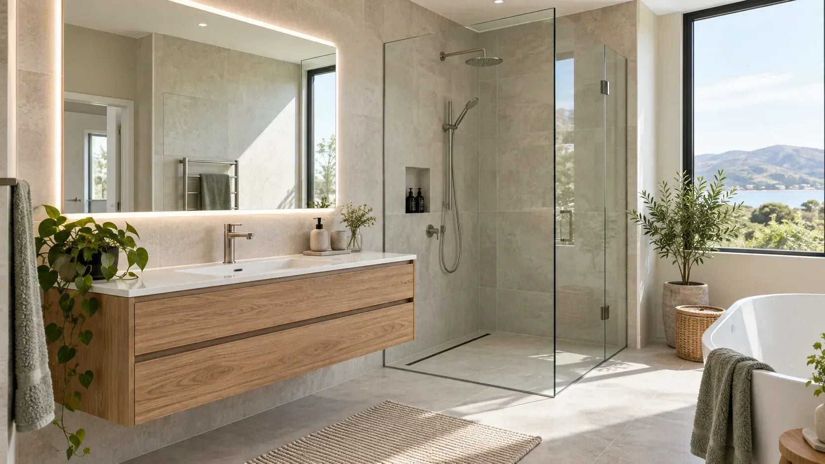 Modern New Zealand new build bathroom with wall hung vanity, LED mirror, shower enclosure and natural light