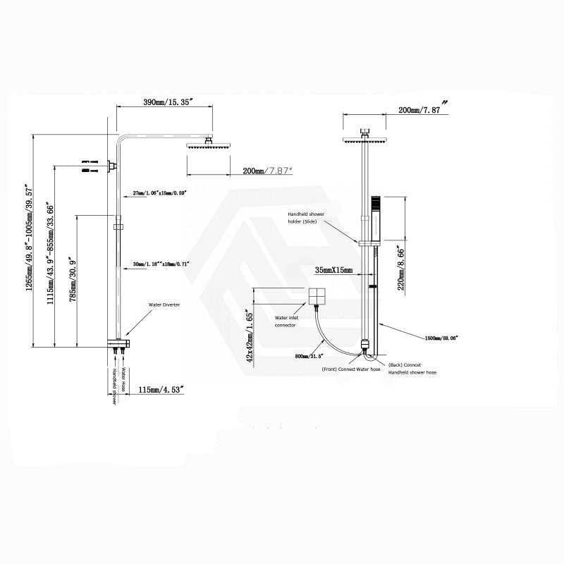 10 inch 250mm Square Brushed Nickel Twin Shower Set | Rainfall & Handheld with Top/Bottom Inlet NZ size guide 1