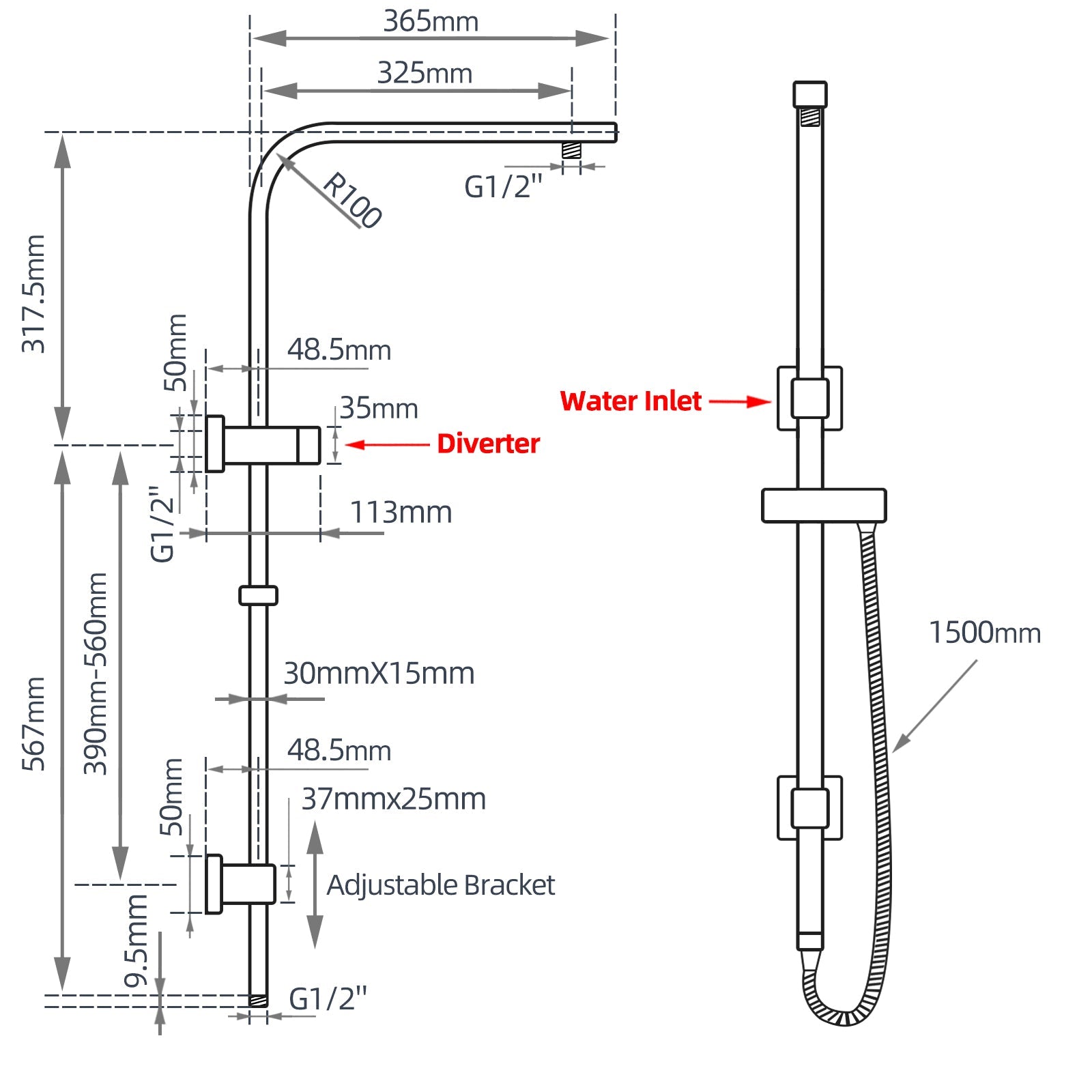 10 inch 250mm Square Brushed Nickel Twin Shower Station Top Water Inlet size guide 1