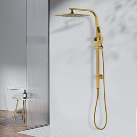 10 inch 250mm Square Brushed Yellow Gold Twin Shower Set Top Water Inlet - NZHomeware