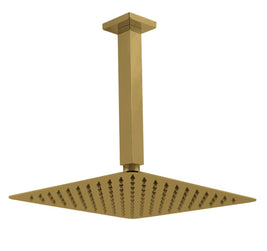 10 inch Super - slim Square Brushed Yellow Gold Rainfall Shower Head w 200mm Ceiling Mounted Shower Arm - NZHomeware