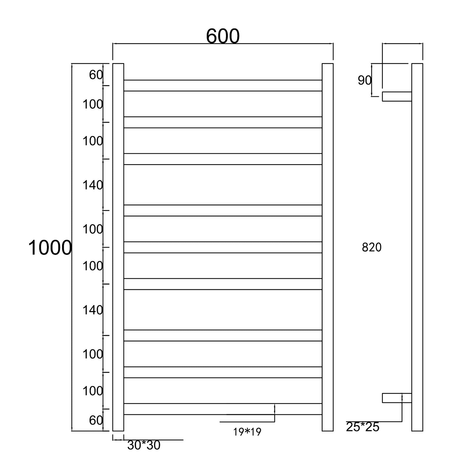 1000Hx600Wx120D Gold Electric Heated Towel Rack | 9-Bar Stainless Steel Towel Warmer NZ size guide 1