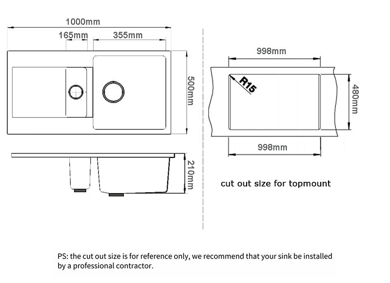 1000x500x210mm Black Granite Stone Kitchen Sink Double Bowls With Drainboard size guide 1