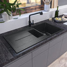 1000x500x210mm Black Granite Stone Kitchen Sink Double Bowls With Drainboard - NZHomeware