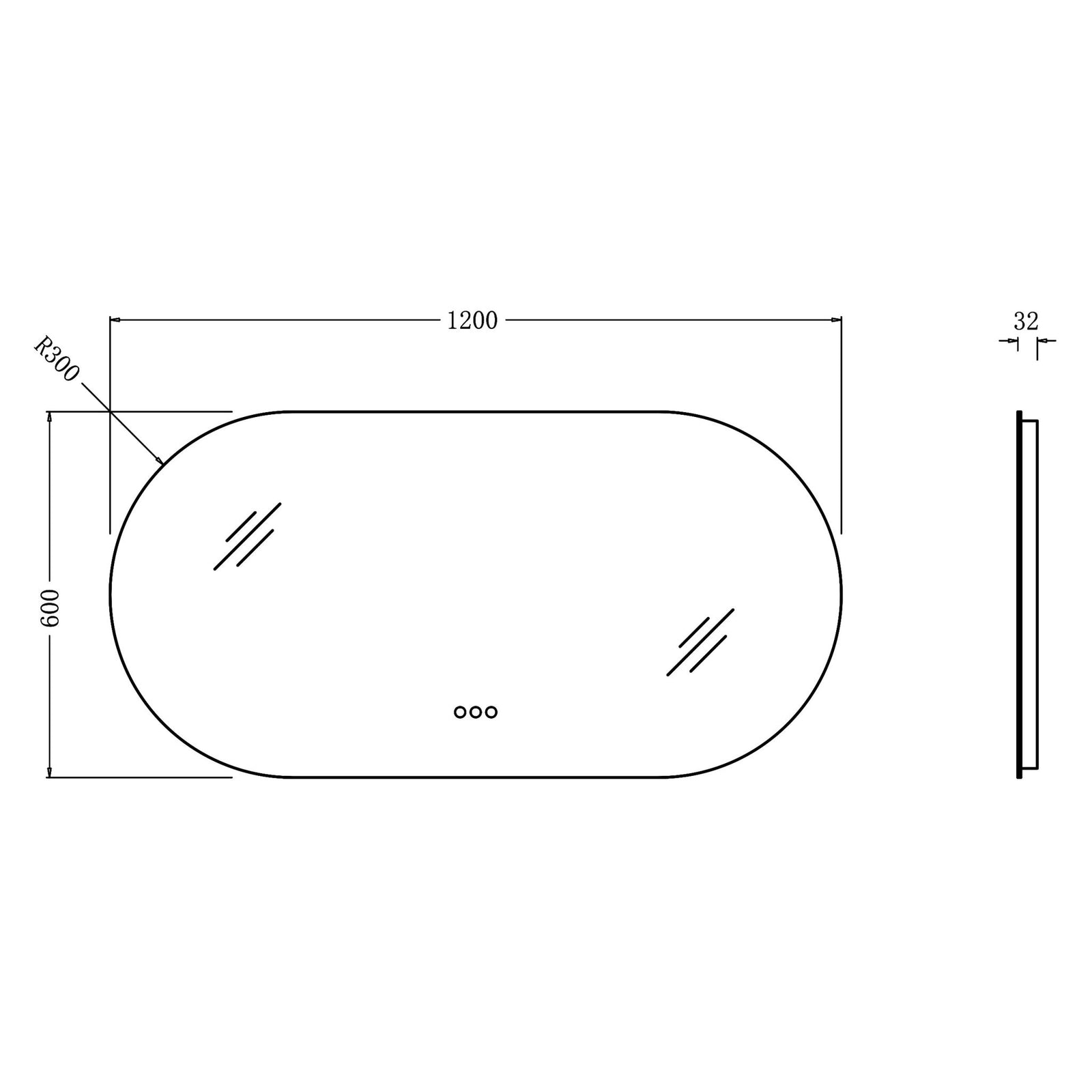 1200x600mm Backlit Led Mirror Oblong Racetrack Motion Sensor Demister Touch Sensor Switch size guide 1