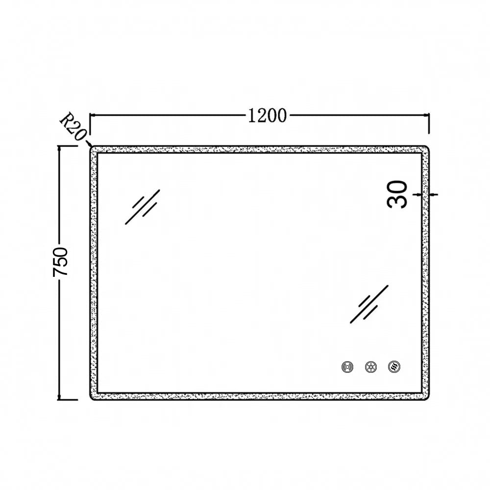 1200x750mm Rectangle LED Mirror with Motion Sensor Auto On Demister Touch Sensor Switch size guide 1