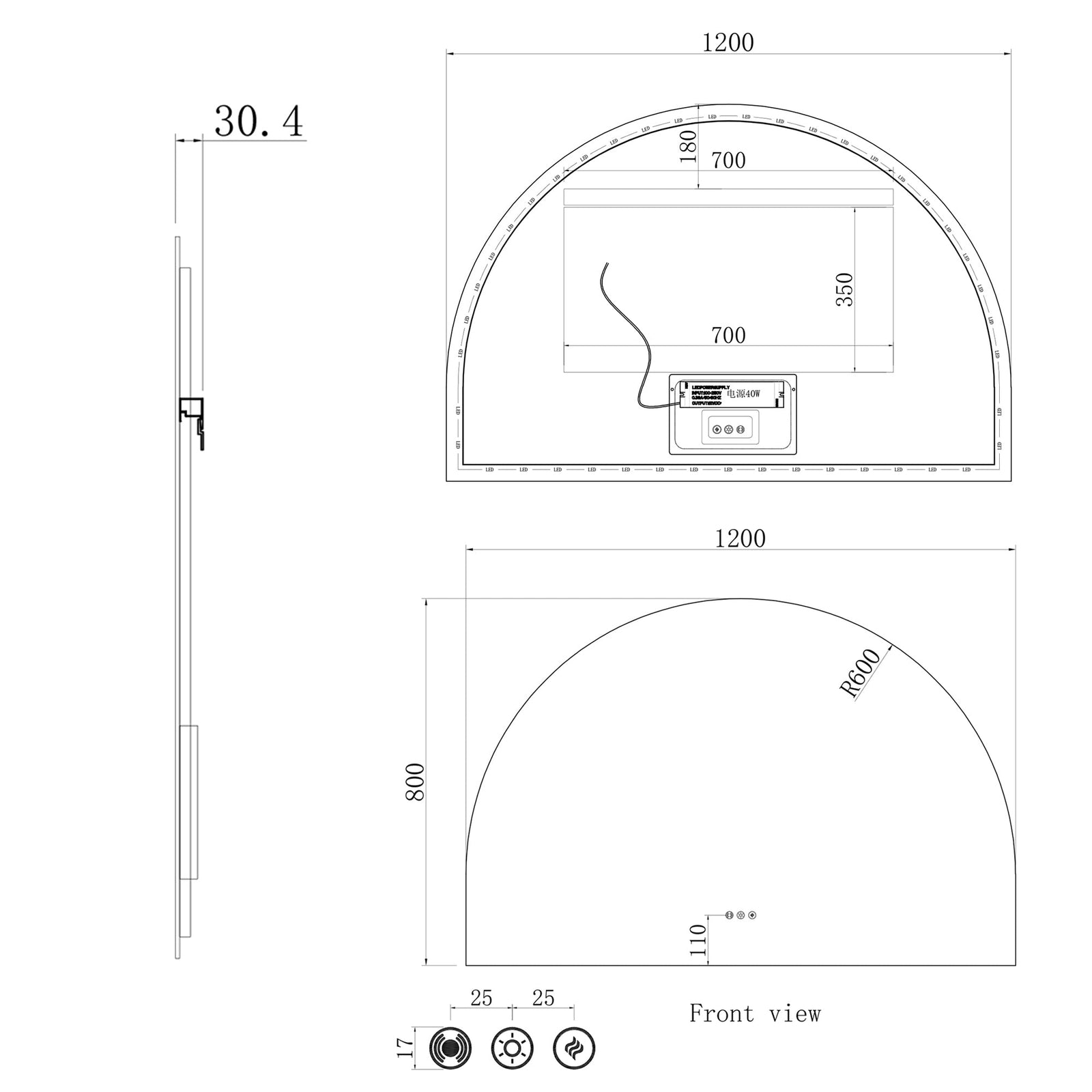 1200x850mm Backlit Arch Led Mirror With Motion Sensor Demister Touch Sensor Switch size guide 1