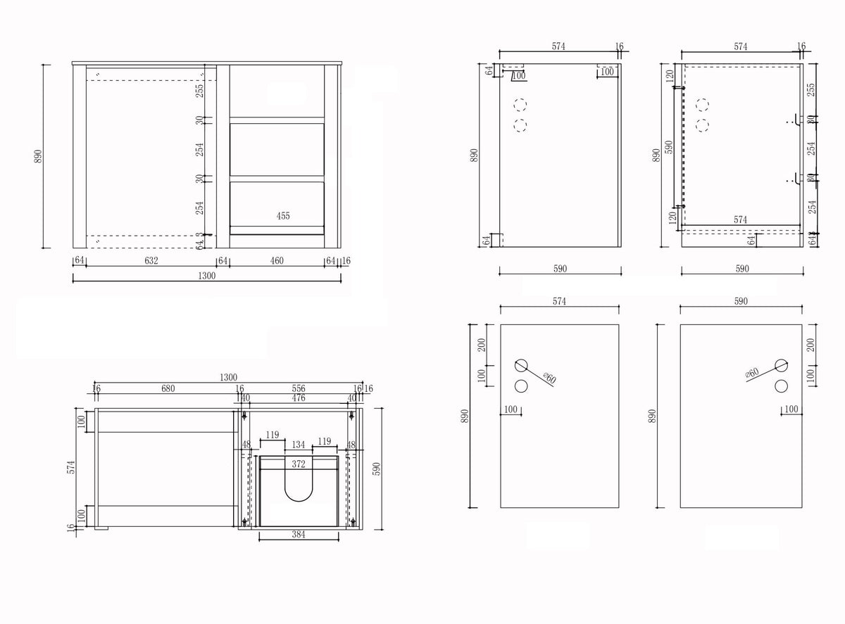 1300MM Light Oak Laundry Tub-Plywood Cabinet&Marble Bench with Sink size guide 1