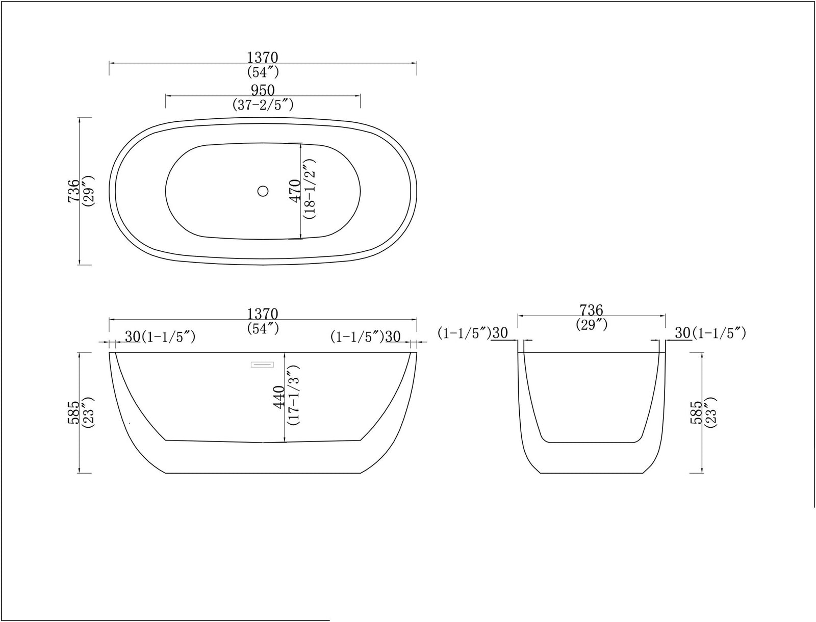1370x736x585mm Oval Freestanding Bathtub | Compact White Acrylic Bath NZ size guide 1
