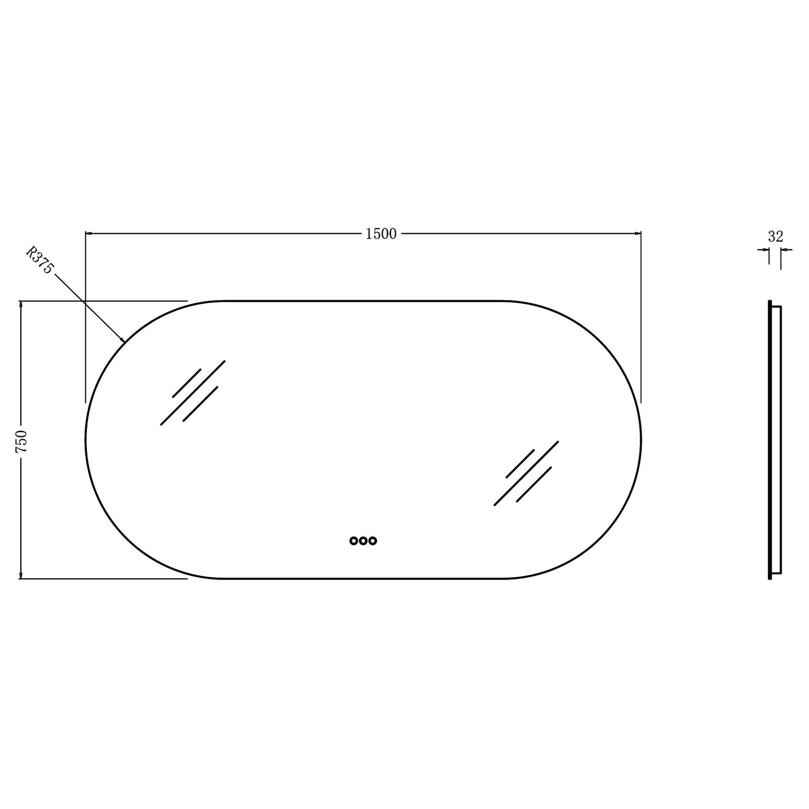 1500x750mm Backlit Led Mirror Oblong Racetrack Motion Sensor Demister Touch Sensor Switch size guide 1