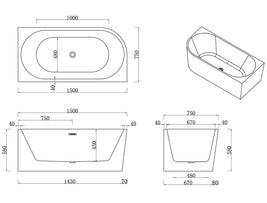 1500x750x580mm Corner Bathtub Right Corner Back to Wall Acrylic White Bathtub - NZHomeware