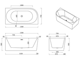 1500x750x580mm Corner Bathtub Right Corner Back to Wall Acrylic White Bathtub - NZHomeware