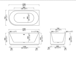 1500x750x580mm Flutted V-Groove Right Corner Bathtub Acrylic Gloss White
