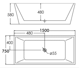 1500x750x580mm Square Bathtub Freestanding Acrylic White Bath Tub - NZHomeware