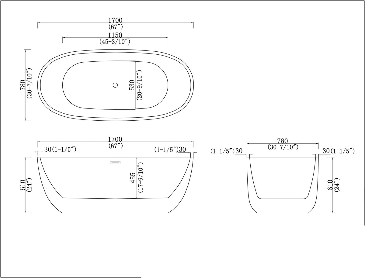 1700x780x610mm Oval Bathtub Freestanding Acrylic Apron White Bath Tub size guide 1