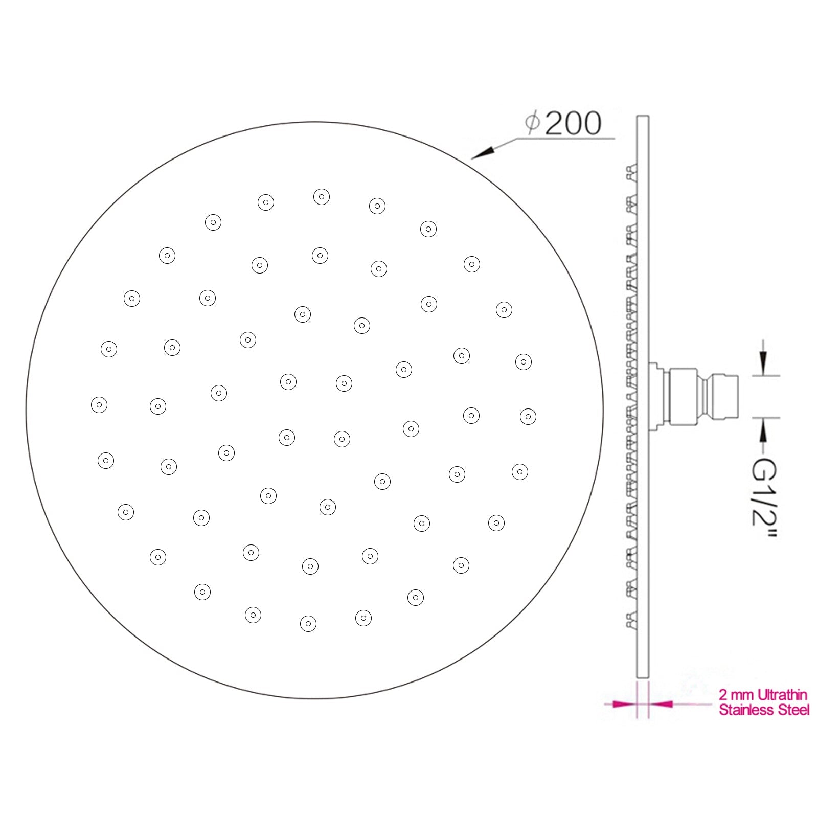 200mm 8 inch Stainless steel Super-slim Round Chrome Rainfall Shower Head size guide 1