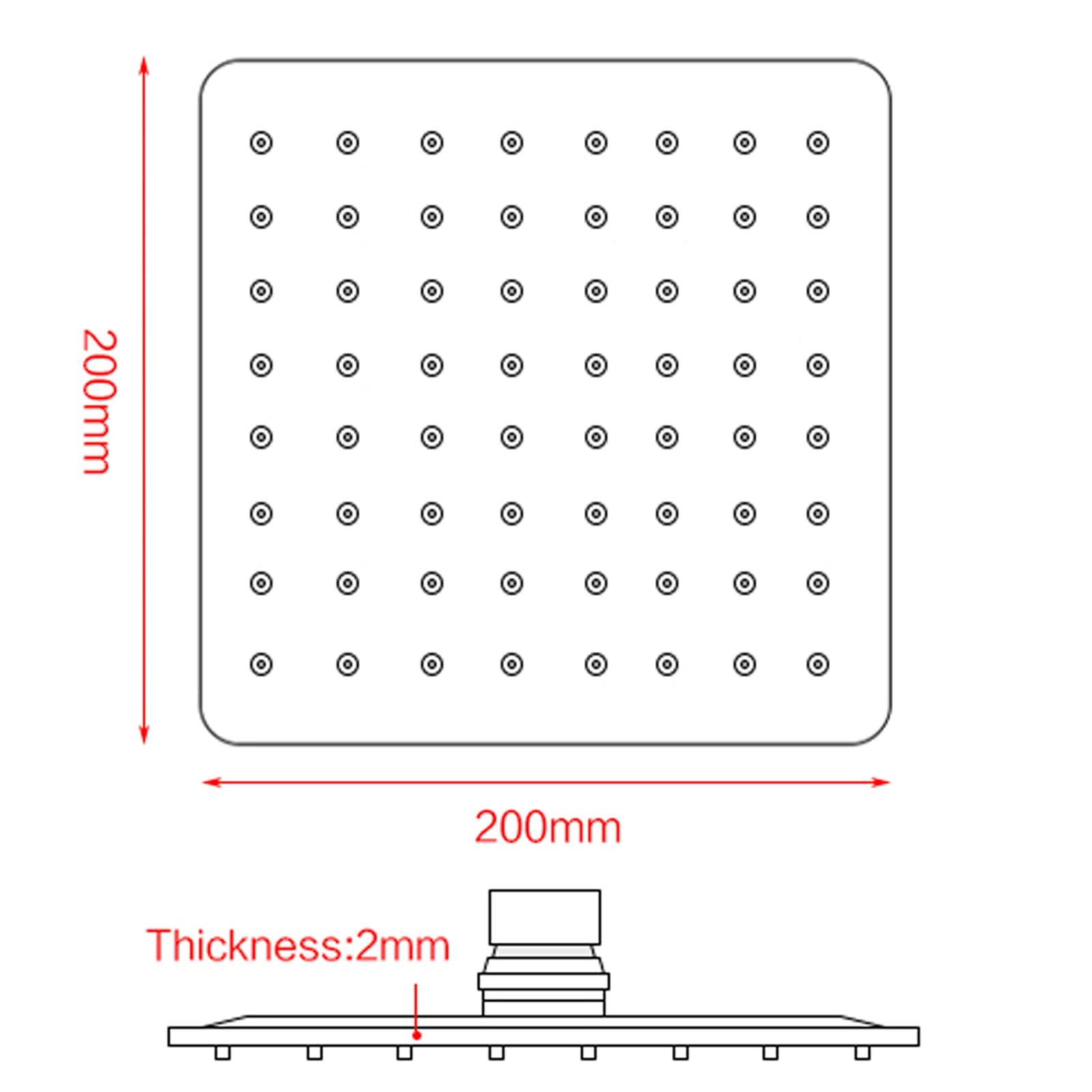 Square Matte Black Rainfall Shower Head with Ceiling Mounted Shower Arm size guide 1