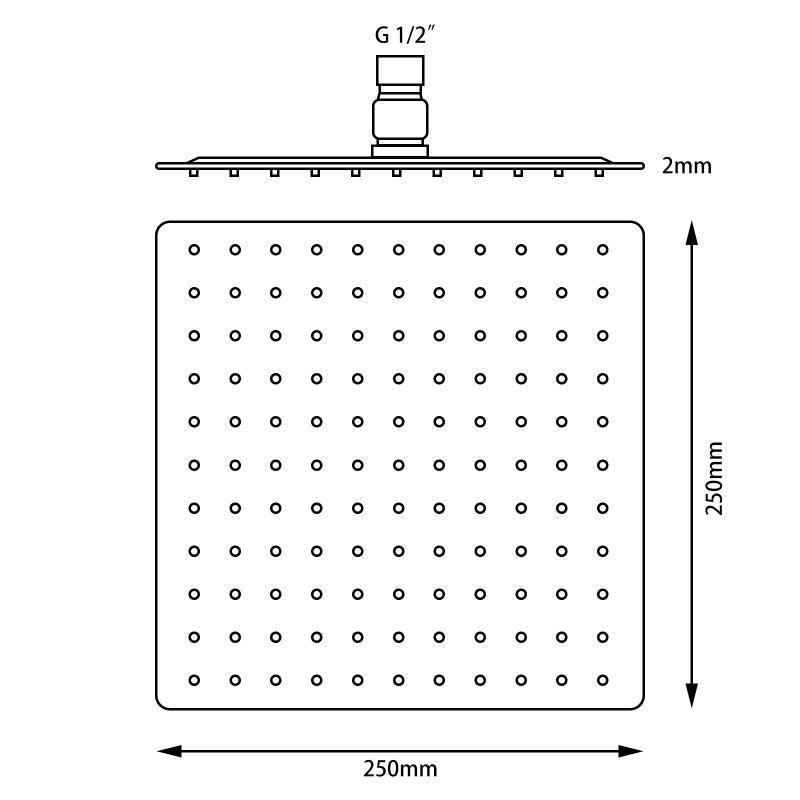 250mm Square Rainfall Shower Head Nickel size guide 1