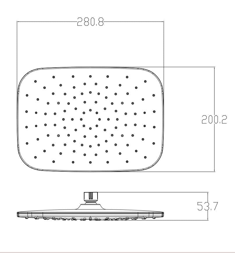 280x200mm Black ABS Rainfall Shower Head Rectangle size guide 1
