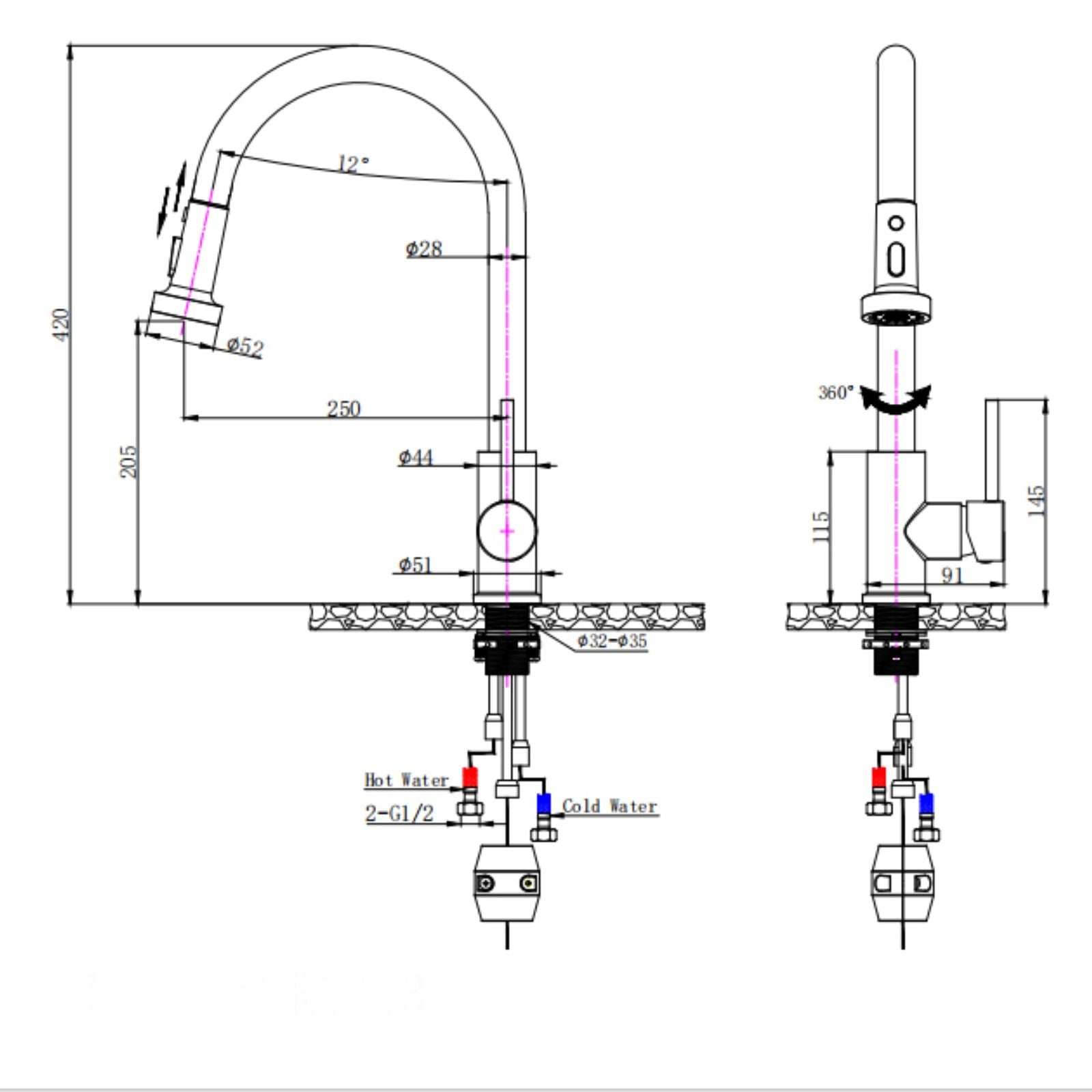 Pull Out Kitchen Mixer Tap 3 Mode Chrome size guide 1