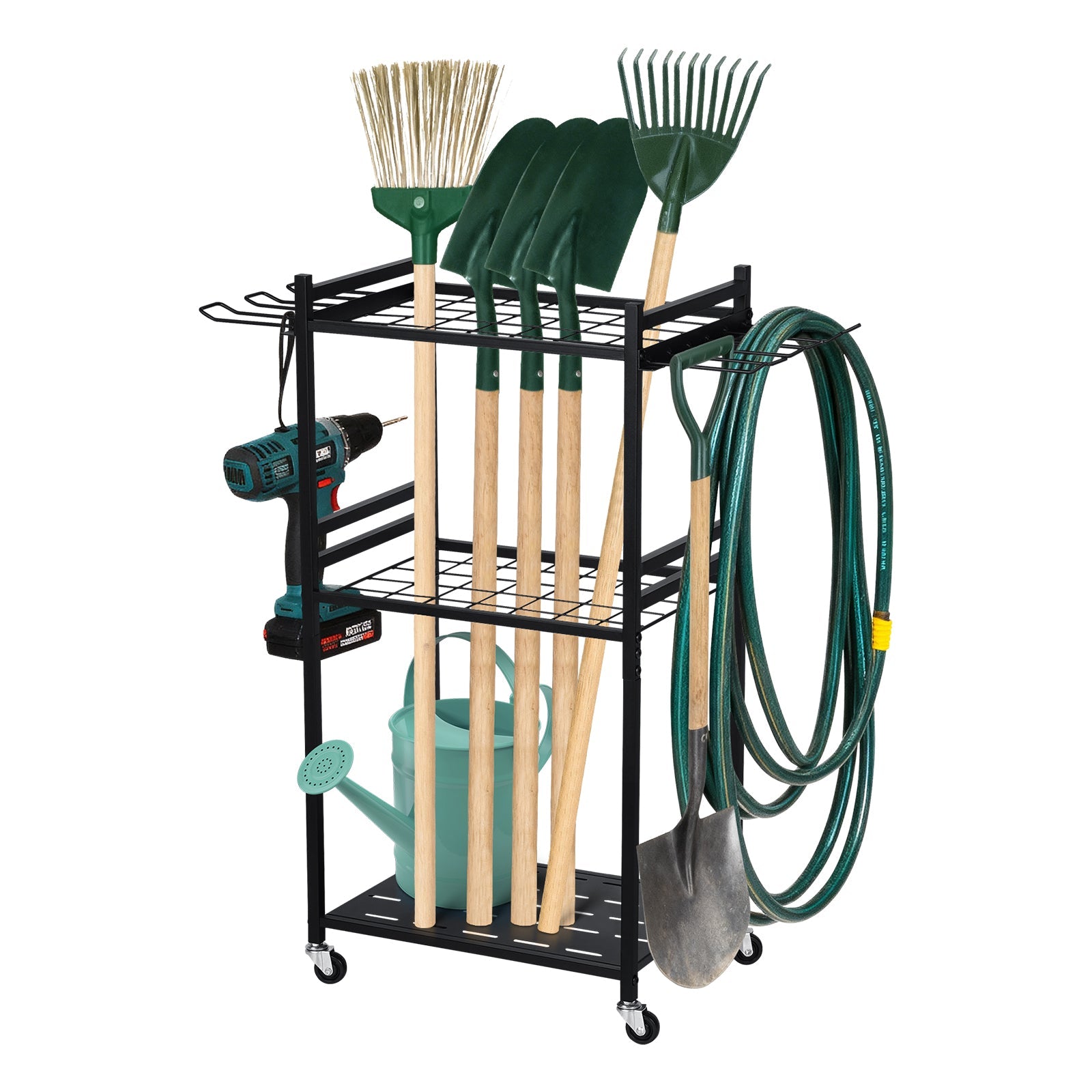 3-Tier Heavy-Duty Garden Tool Organizer Rack with Wheels | Metal ...