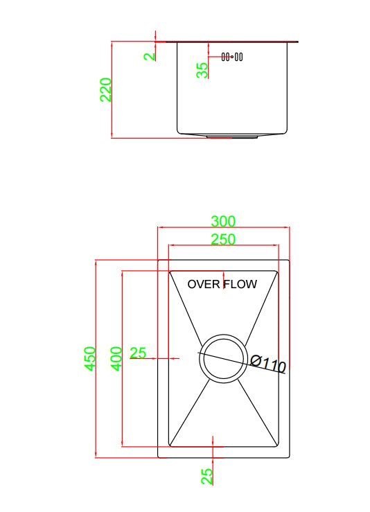 300x450x205mm 1.2mm Round Corner Stainless Steel Handmade Single Bowl Top/Flush/Undermount Kitchen/Laundry Sink With Overflow size guide 1