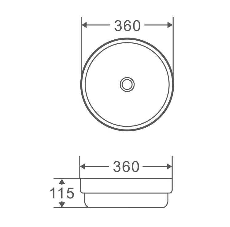 360*360*115mm Bathroom Round Above Counter White Ceramic Wash Basin size guide 1