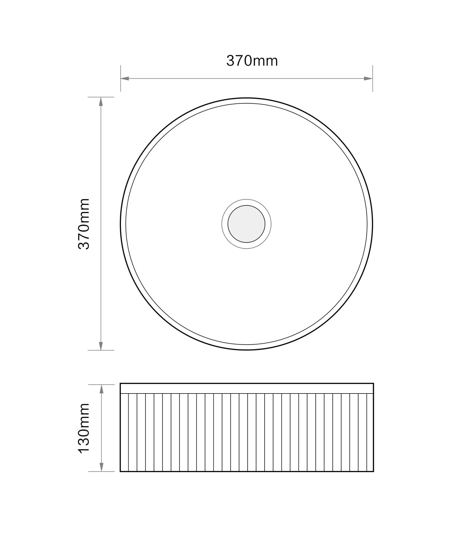 370*370*130mm Round Fluted Above Counter Basin | Gloss White Ceramic Wash Basin NZ size guide 1