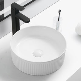 370*370*130mm Round Fluted Above Counter Basin | Gloss White Ceramic Wash Basin NZ - NZHomeware