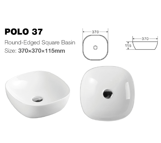 370x370x115mm Bathroom Square Above Counter White Ceramic Wash Basin size guide 1