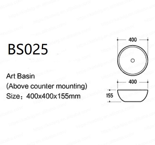 400*400*155mm Bathroom Round Above Counter White Ceramic Wash Basin size guide 1