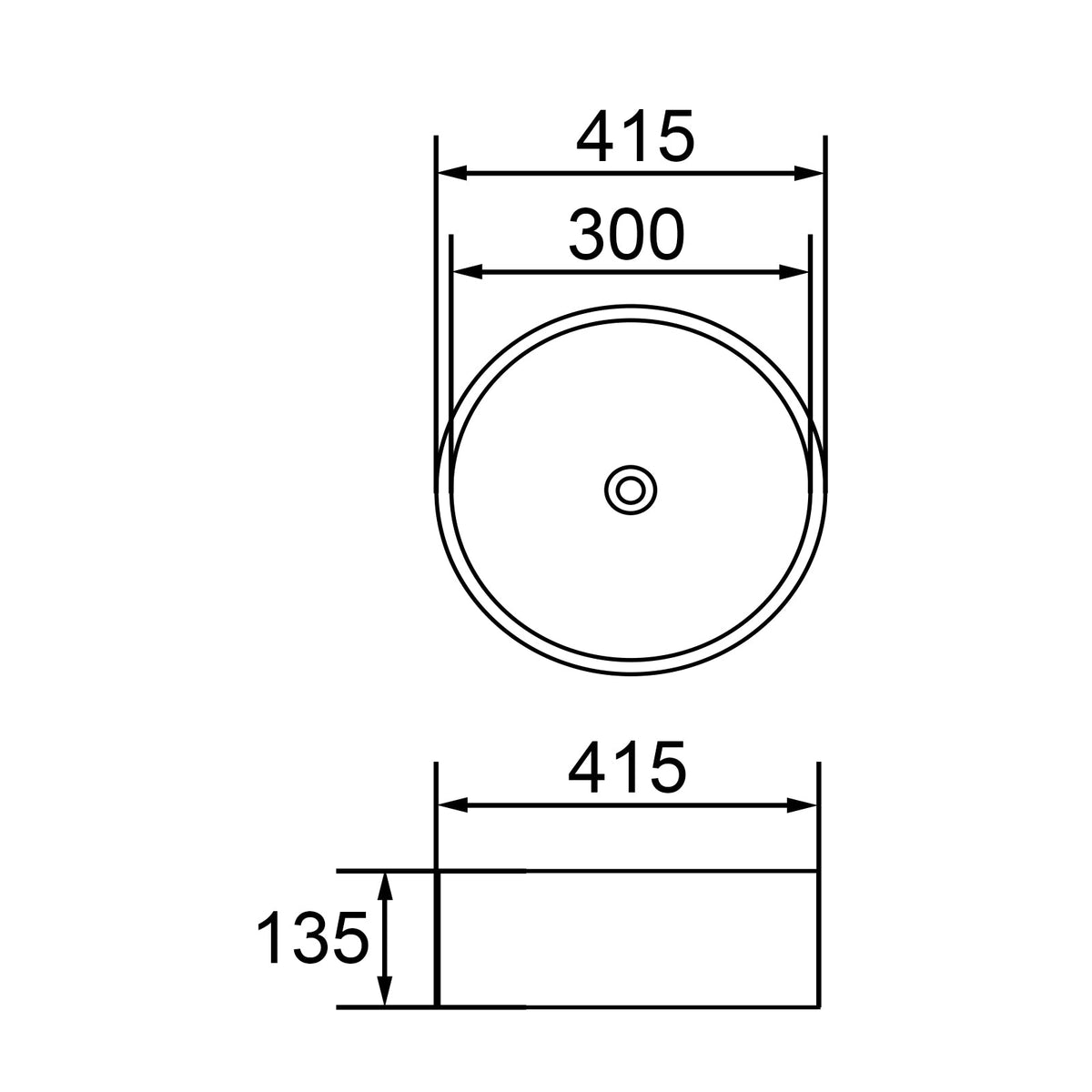 415*415*135mm Bathroom Round Above Counter Matt Black Ceramic Wash Basin size guide 1