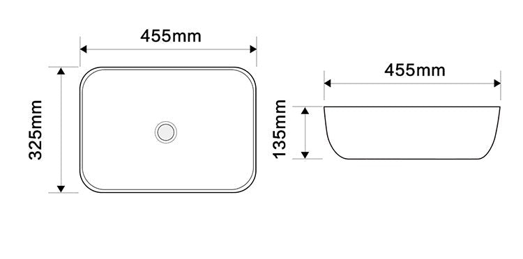 455*325*135mm Rectangle Carrara White Above Counter Basin | Ceramic Wash Basin NZ size guide 1