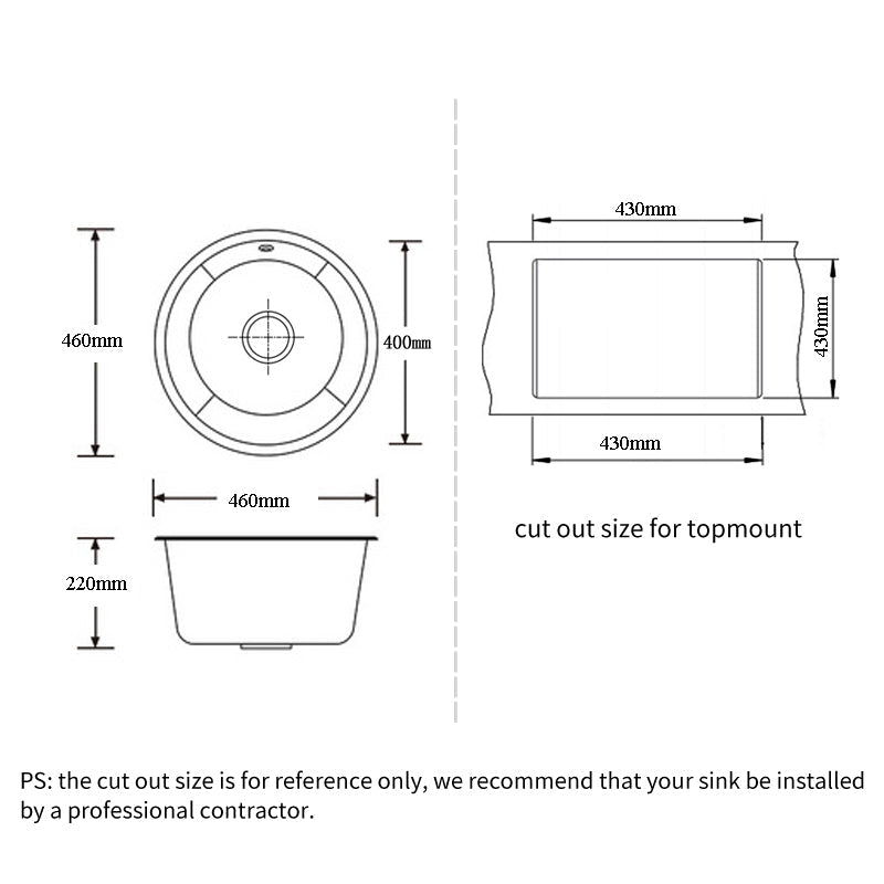 460x220mm Black Granite Quartz Stone Kitchen/Laundry Sink Round Single Bowl with Overflow Top/Under Mount size guide 1