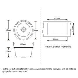 460x220mm Black Granite Quartz Stone Kitchen/Laundry Sink Round Single Bowl with Overflow Top/Under Mount - NZHomeware