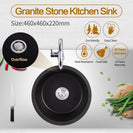 460x220mm Black Granite Quartz Stone Kitchen/Laundry Sink Round Single Bowl with Overflow Top/Under Mount - NZHomeware