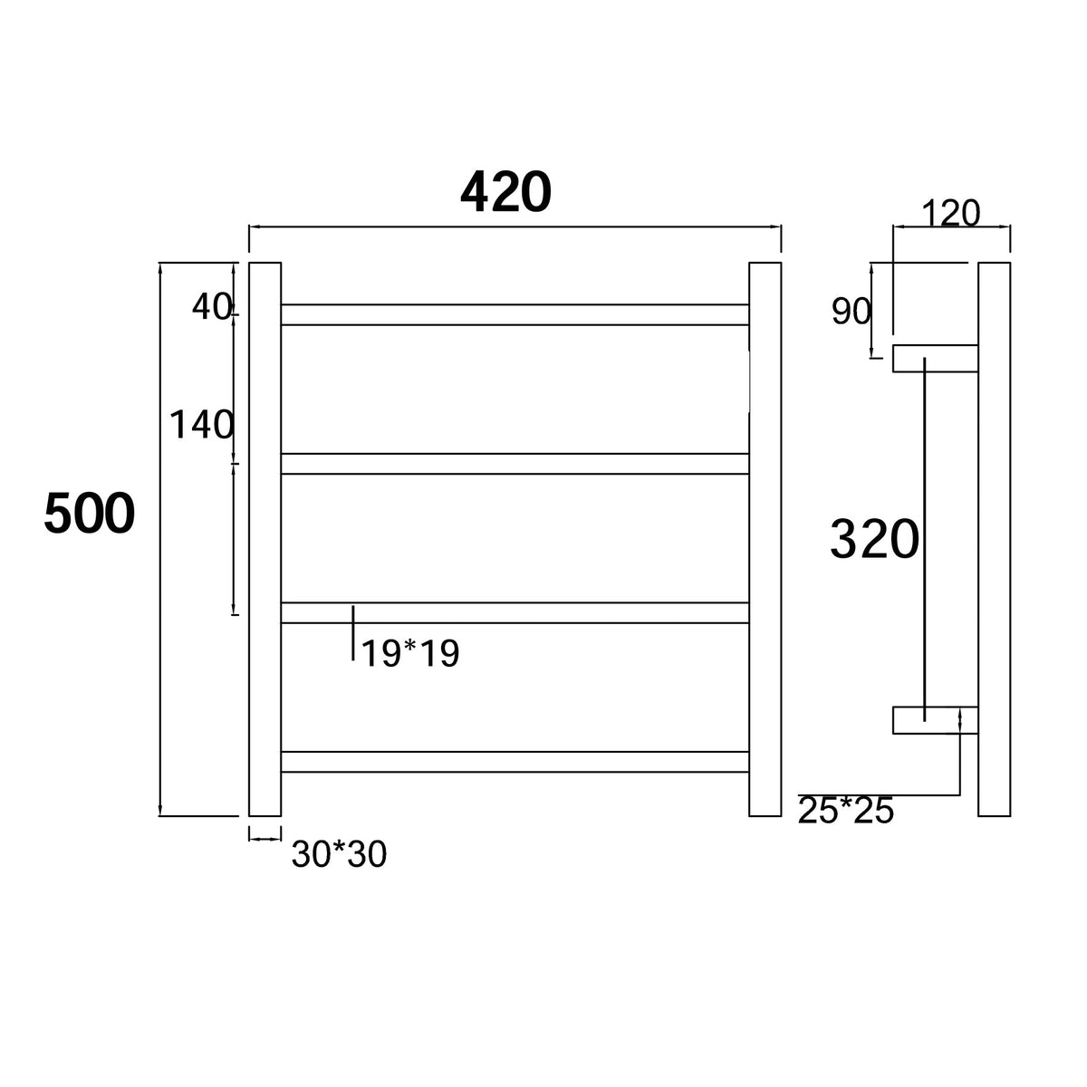 500Hx420Wx120D Gold Electric Heated Towel Rack | 4-Bar Compact Towel Warmer for Small Bathrooms NZ size guide 1