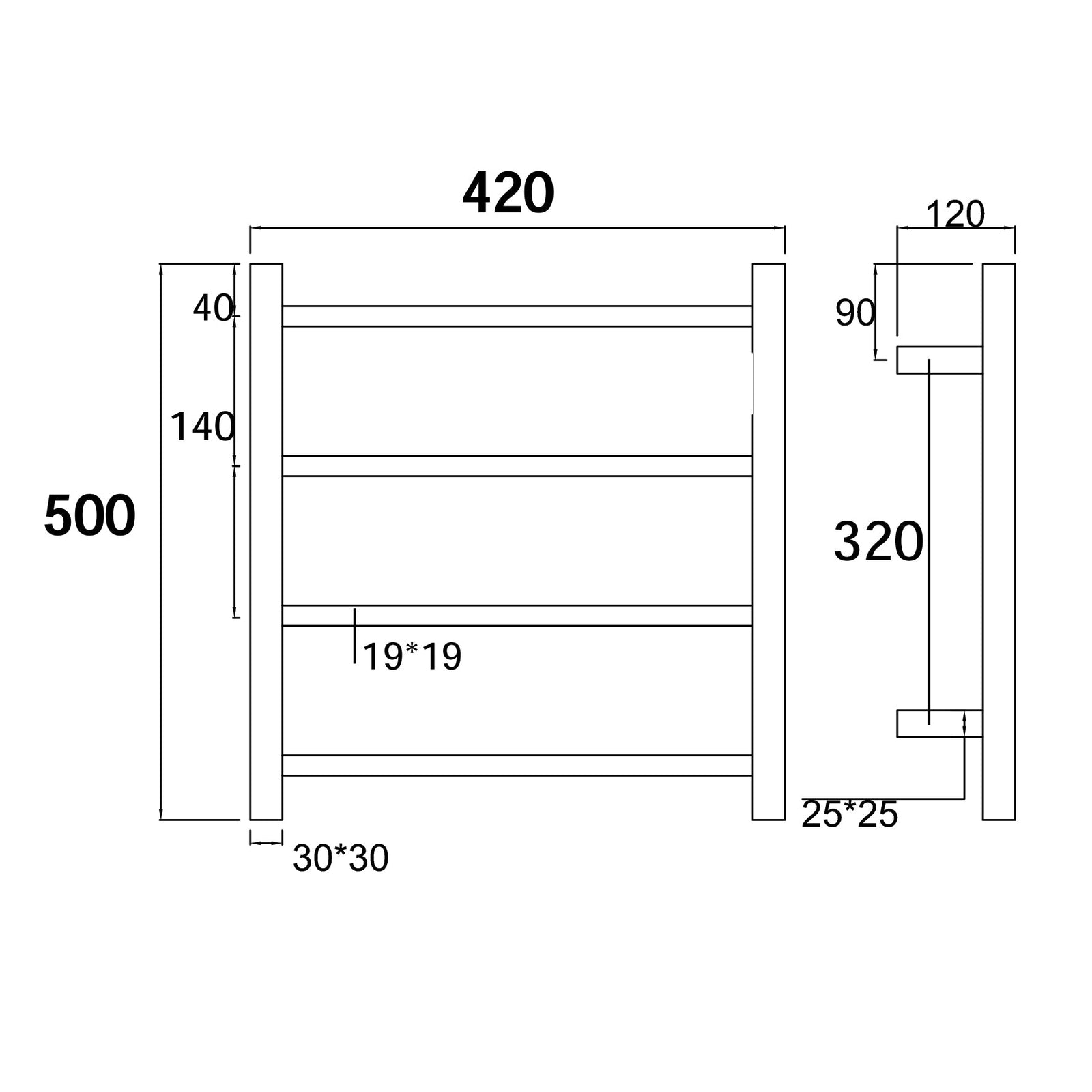 500Hx420Wx120D Gunmetal Grey Electric Heated Towel Rack | 4-Bar Compact Towel Warmer NZ size guide 1