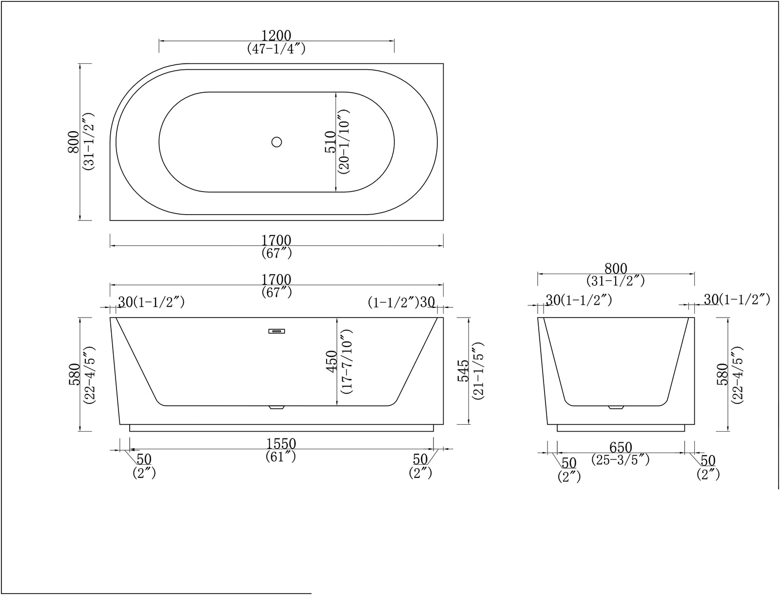 1700x80x580mm Fluted Corner Bathtub | Left-Hand Acrylic Freestanding Bath Gloss White size guide 1