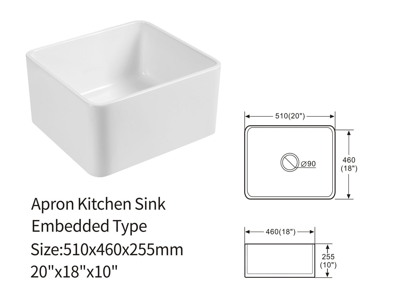 510*460*255mm Ceramic Butler Sink Single Bowl Farmhouse Kitchen Laundry Sink Apron Front size guide 1