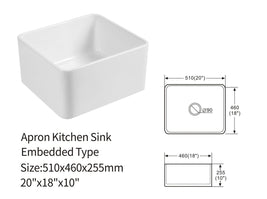 510*460*255mm Ceramic Butler Sink Single Bowl Farmhouse Kitchen Laundry Sink Apron Front - NZHomeware
